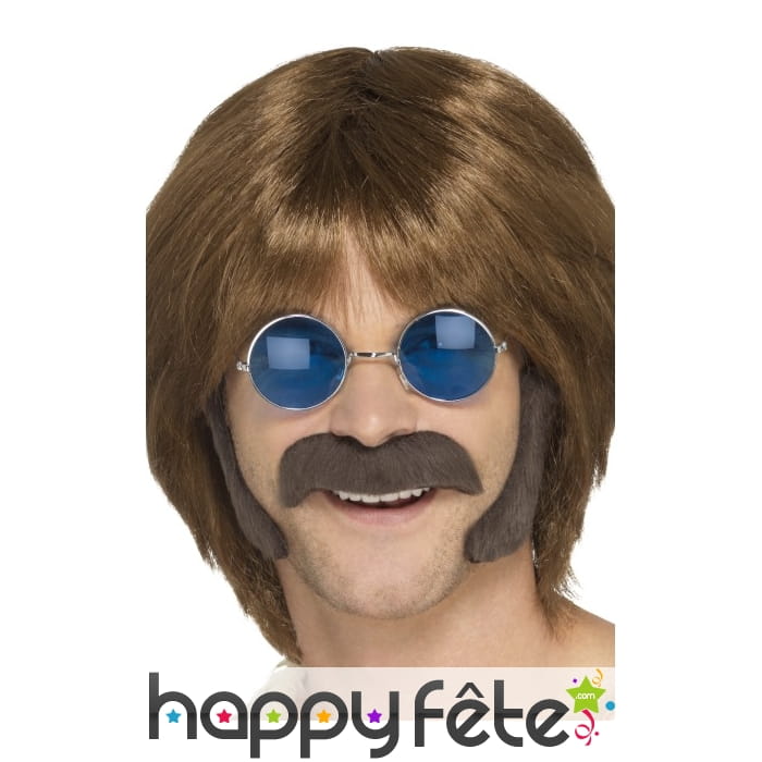Moustache et rouflaquettes de hippie brun