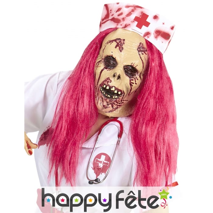 Masque intégral de médecin zombie cheveux roses