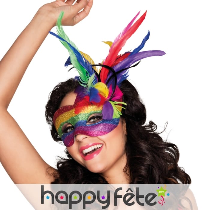 Masque loup arc en ciel avec plumes