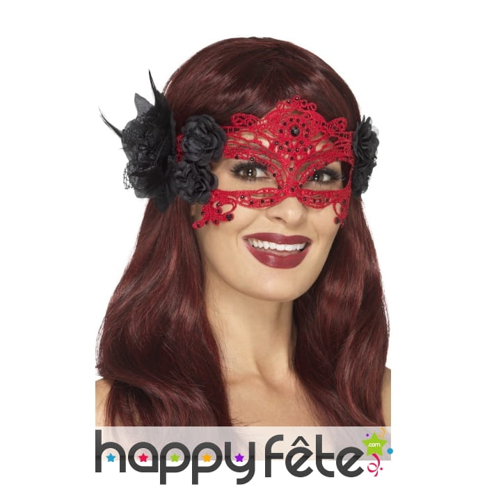 Masque loup rouge en filigrane avec roses