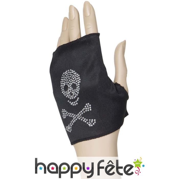 Mitaine noire avec tête de mort en strass