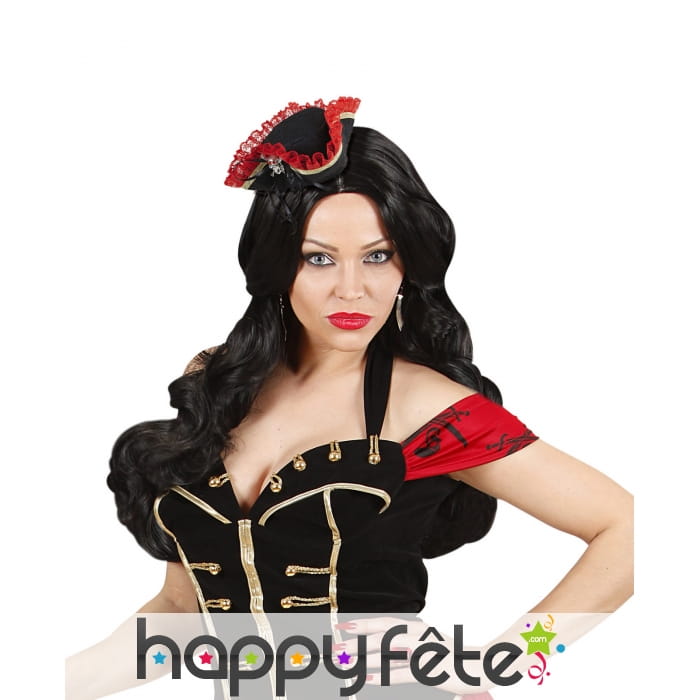 Mini tricorne de pirate noir et rouge pour femme