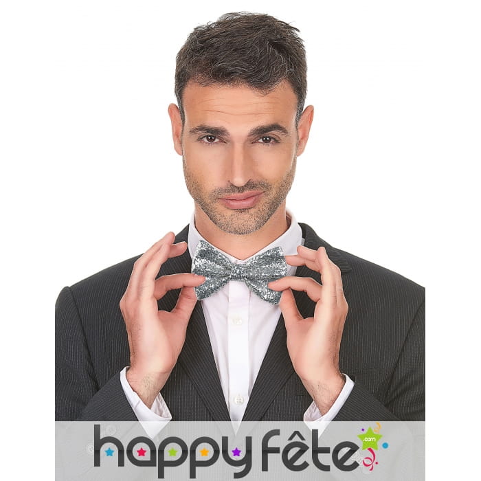 Noeud papillon argenté pailleté sur élastique