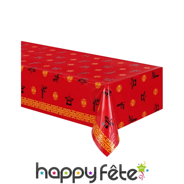 Nappe rouge motifs asiatiques,137 x 274 cm