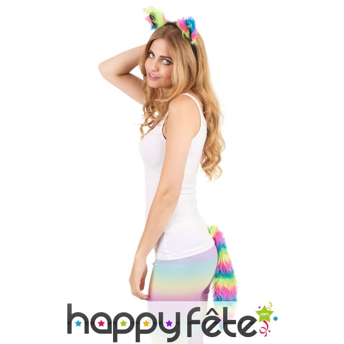 Oreilles et queue de chat multicolore pour adulte