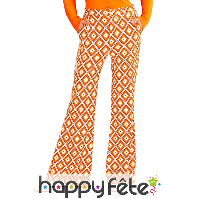 Pantalon années 70 orange motifs losanges, femme