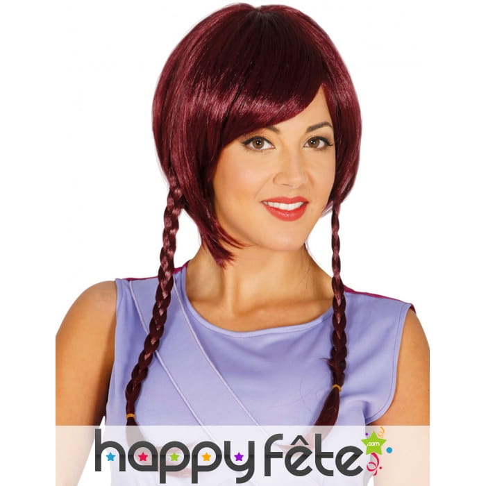 Perruque avec tresses et frange auburn pour femme
