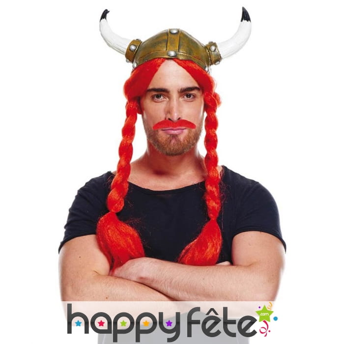 Perruque avec tresses et moustache orange,adulte