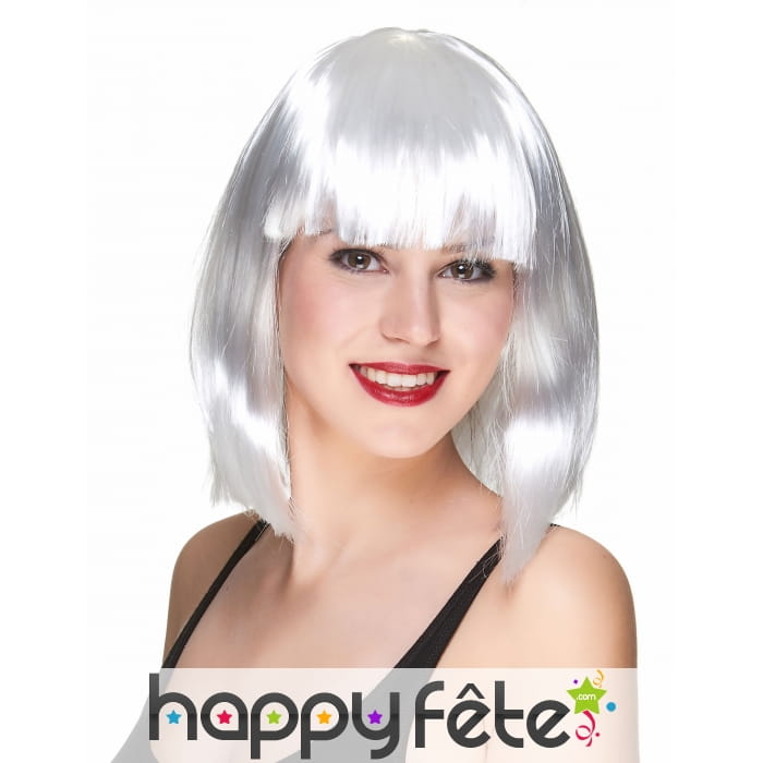 Perruque blanche carré mi-long lisse frange droite