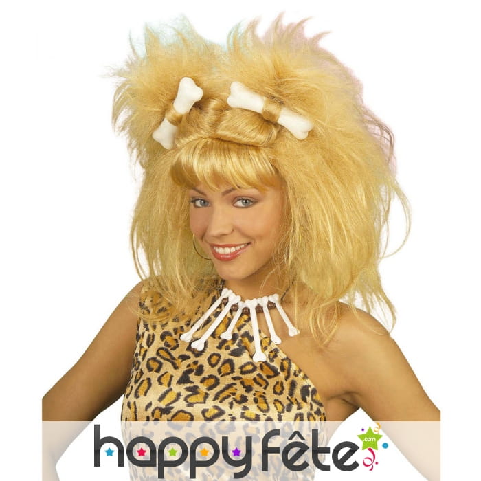 Perruque blonde de femme des cavernes avec os