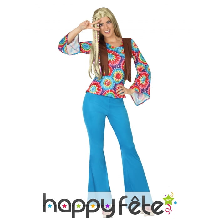 Pantalon bleu et t-shirt hippie coloré pour femme