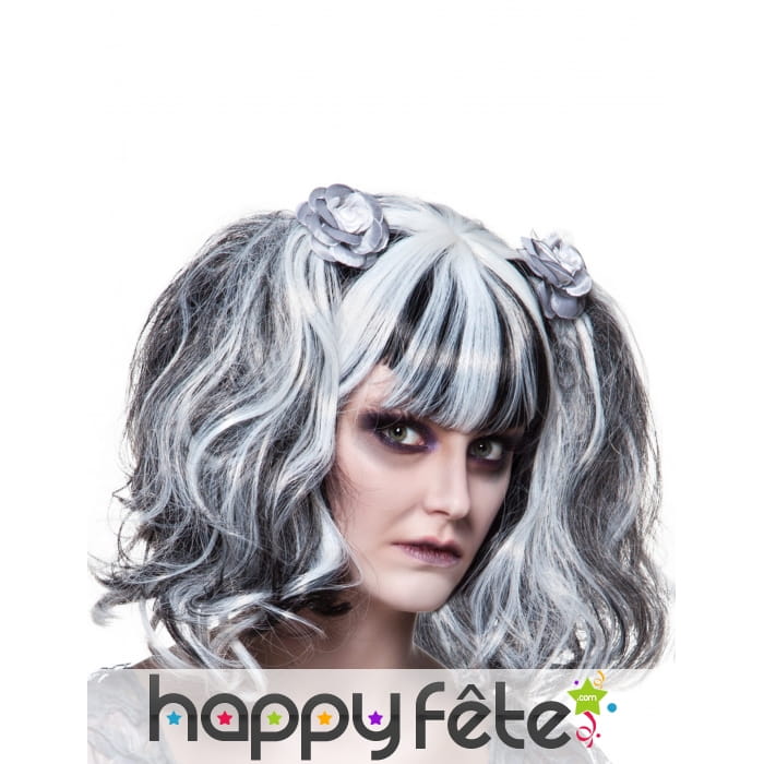 Perruque blanche et noire gothique avec couettes