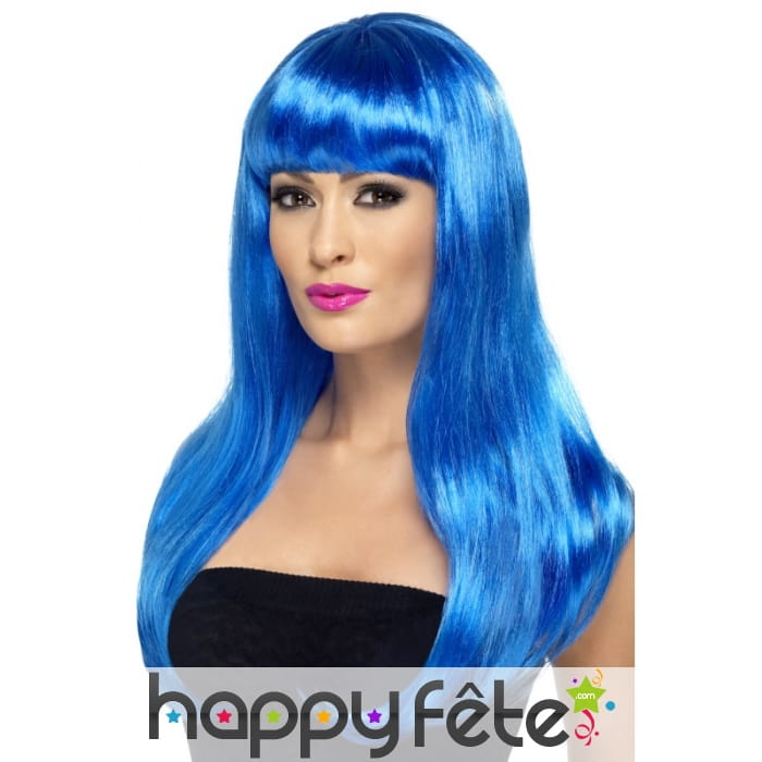 Perruque bleu fluo lisse avec frange
