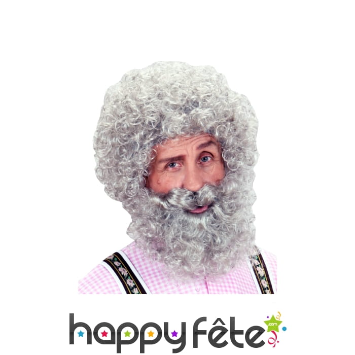 Perruque bouclee grise avec barbe