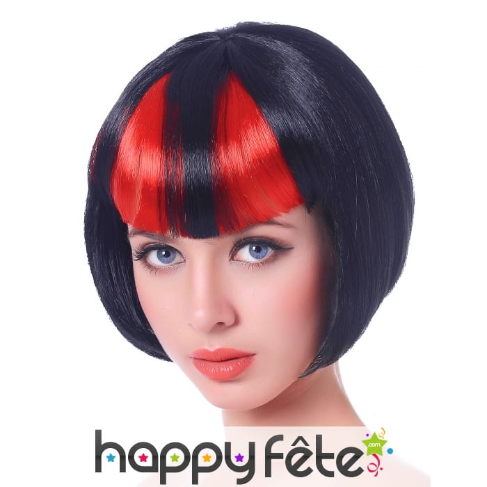 Perruque bob noire frange noire et rouge