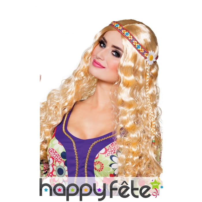 Perruque blonde ondulée avec bandeau hippie