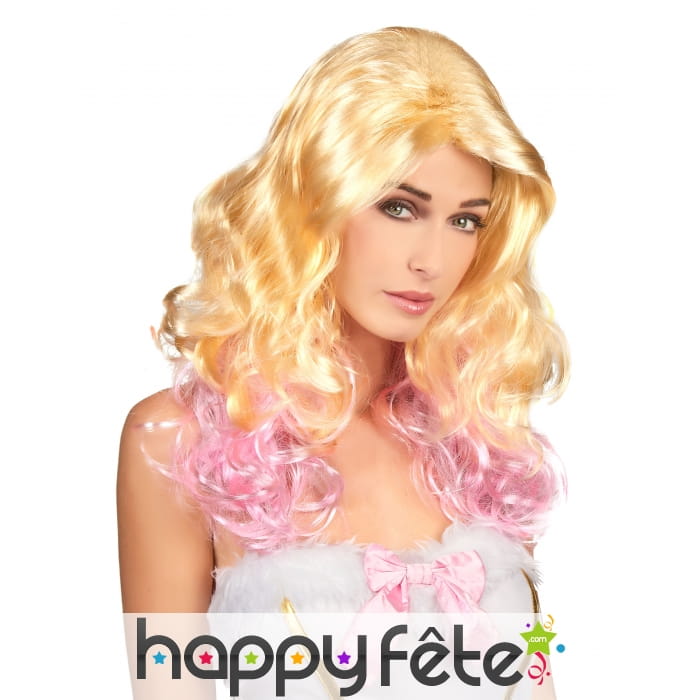 Perruque blonde ondulée avec pointes rose