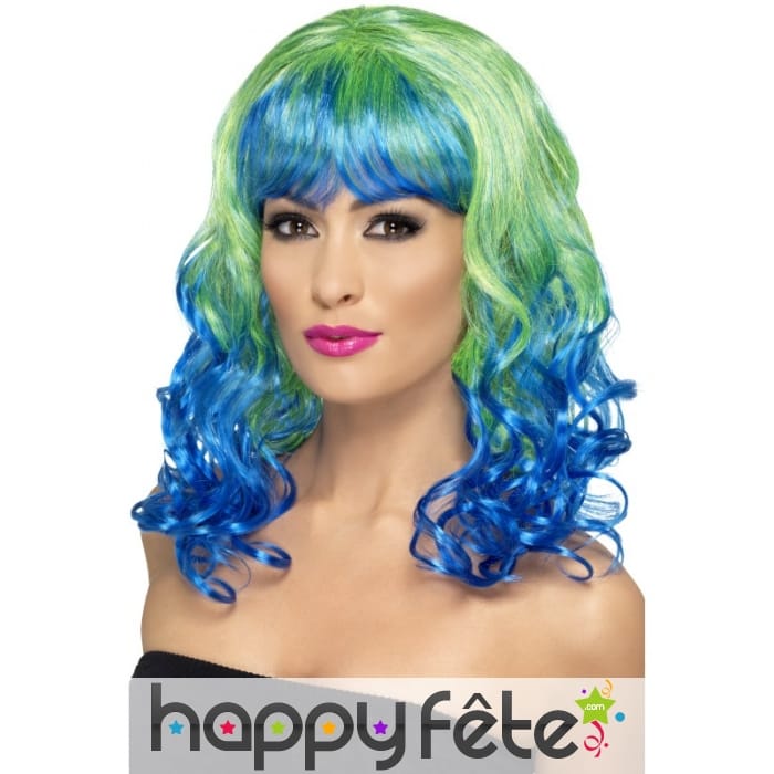 Perruque bouclée verte et bleue avec frange