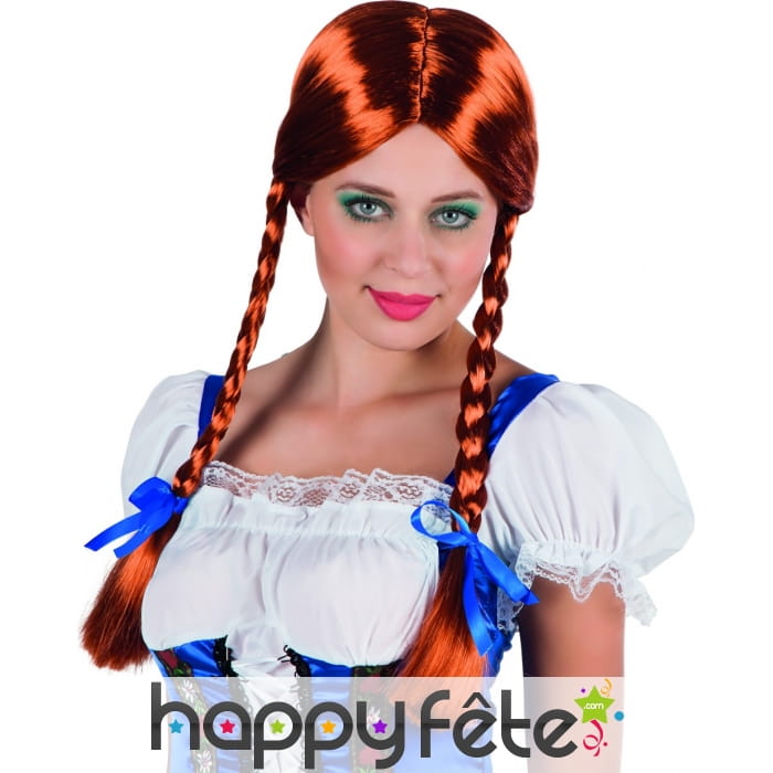 Perruque cuivre avec tresses et noeuds bleus