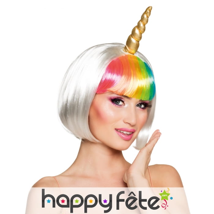 Perruque carré blanc et coloré de licorne