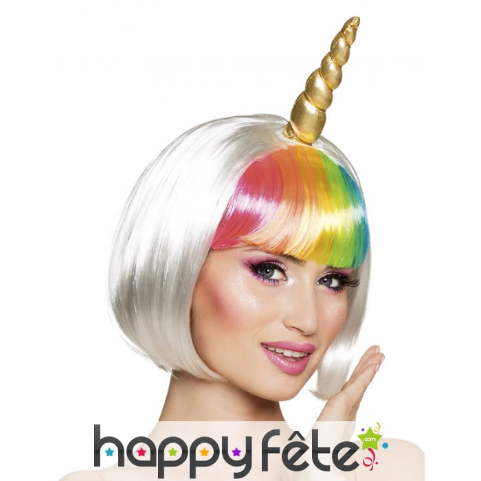 Perruque courte blanche de licorne avec corne
