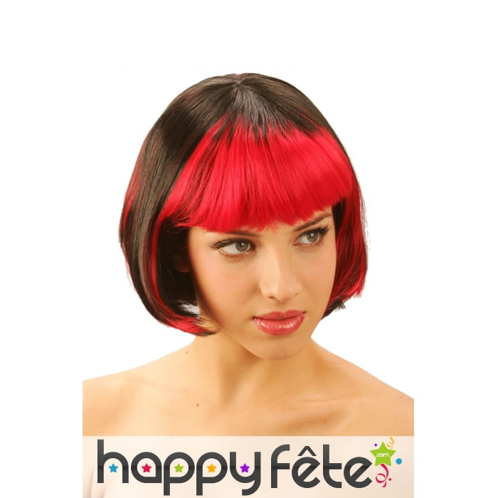 Perruque carré court noir avec frange rouge