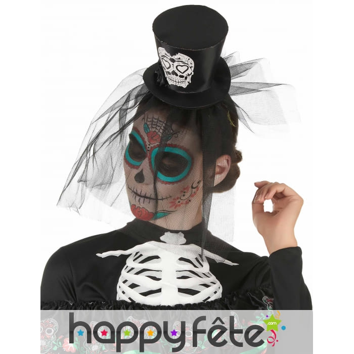 Petit chapeau Dia de los muertos noir et voile