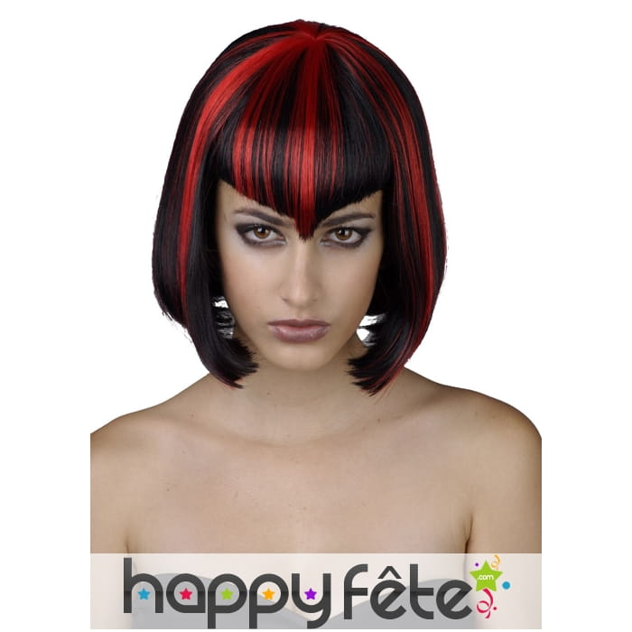 Perruque carré noir et rouge, frange en pointe