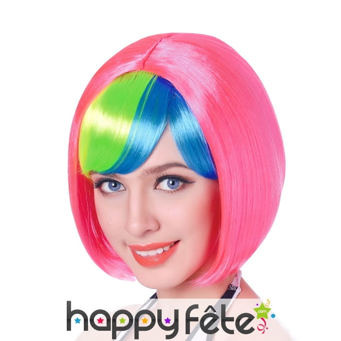 Perruque carré rose frange multicolore