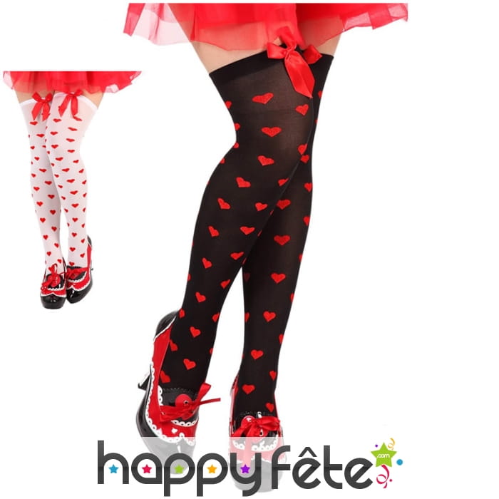 Paire de bas décorés de petits coeurs rouges