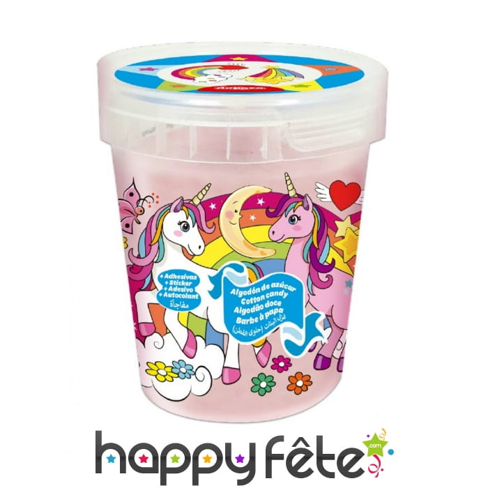 Pot de barbe à papa rose avec autocollants licorne