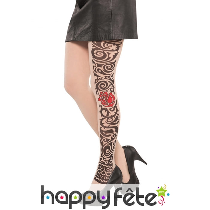 Paire de collants tatoués arabesques et rose