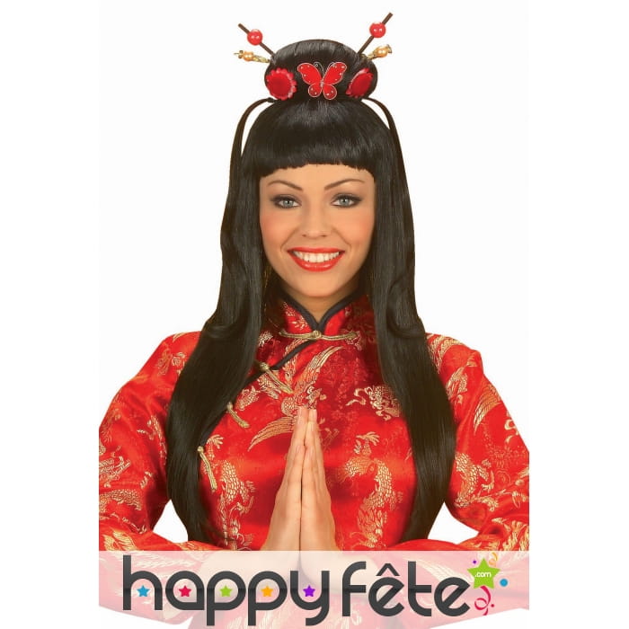 Perruque de chinoise avec chignon et barettes