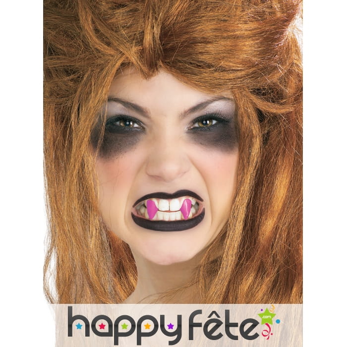 Paire de fausses canines rose de vampire