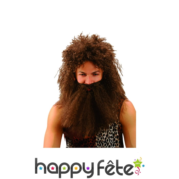 Perruque d'homme des cavernes avec barbe marron