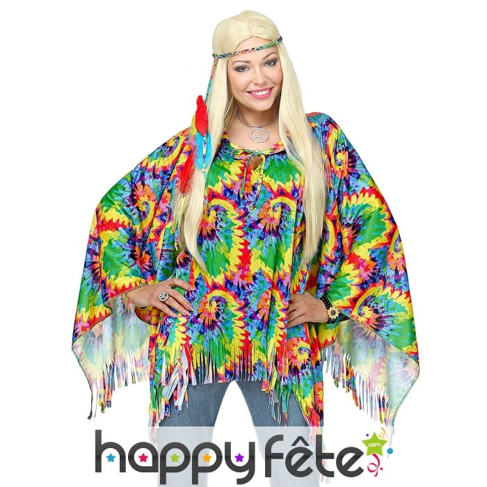 Poncho de hippie coloré pour adulte avec bandeau