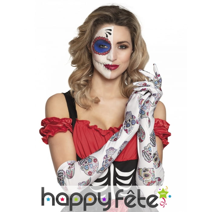 Paire de longs gants blancs Dia de los muertos