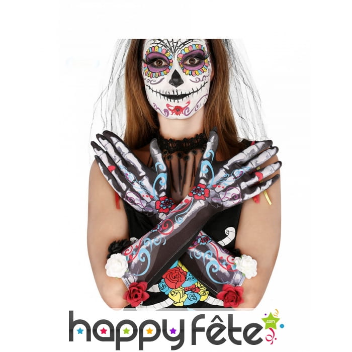 Paire de longs gants dia de los muertos pour femme