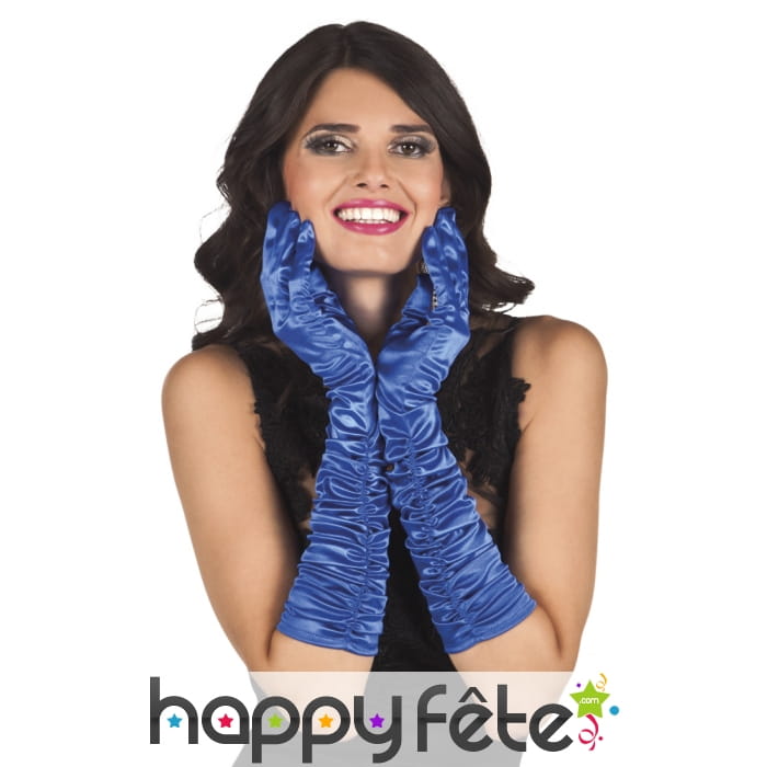 Paire de longs gants satinés bleus de 42cm