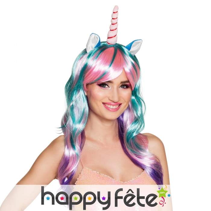 Perruque de licorne avec corne et oreilles