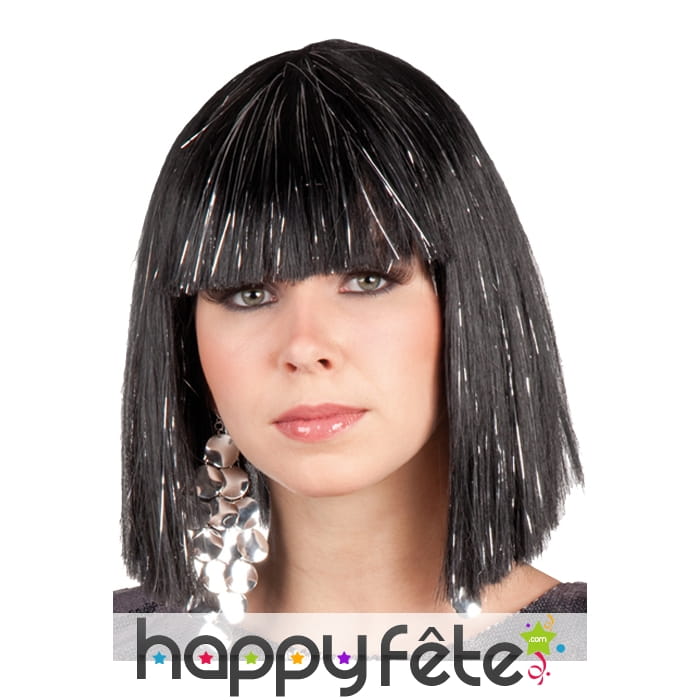 Perruque disco noire argentée et frange.