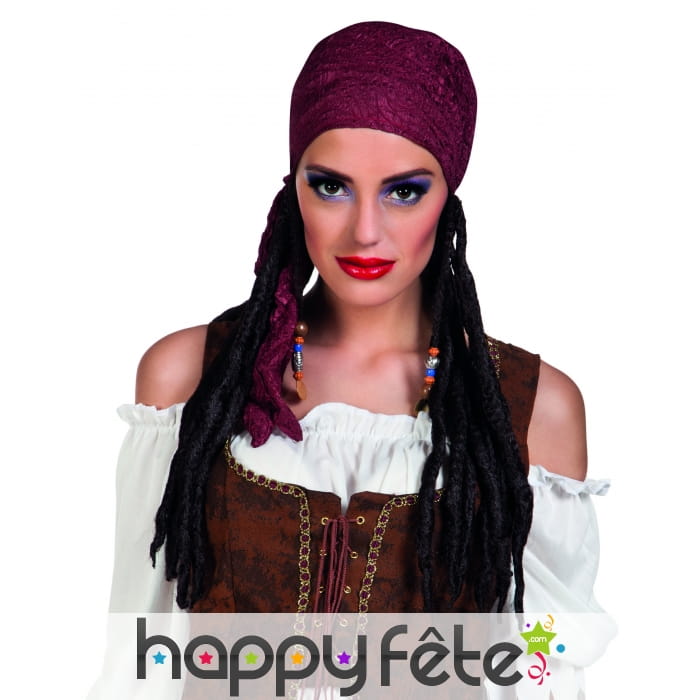 Perruque de pirate avec bandana bordeaux