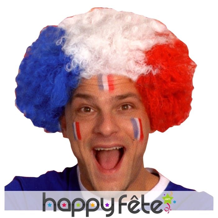 Perruque de supporter Francais. Bleu blanc rouge