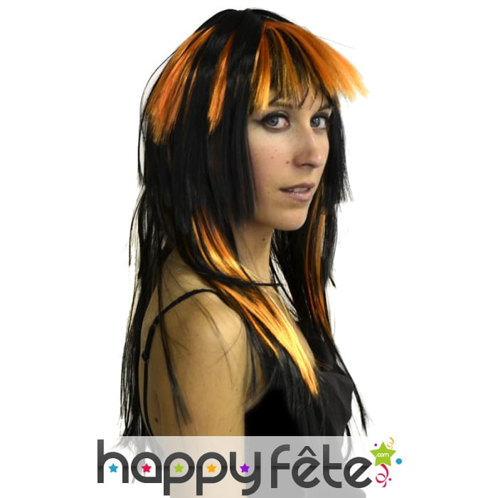 Perruque effet flamme noir mèches orange