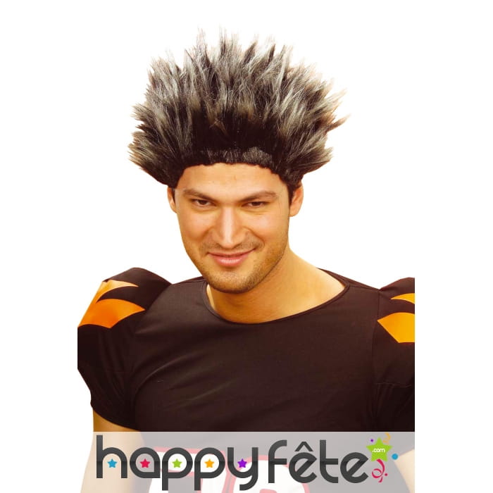 Perruque grise, cheveux droits relevés