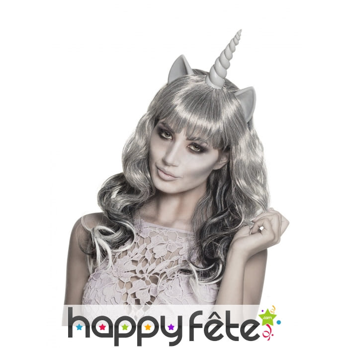Perruque grise de licorne avec corne pour adulte