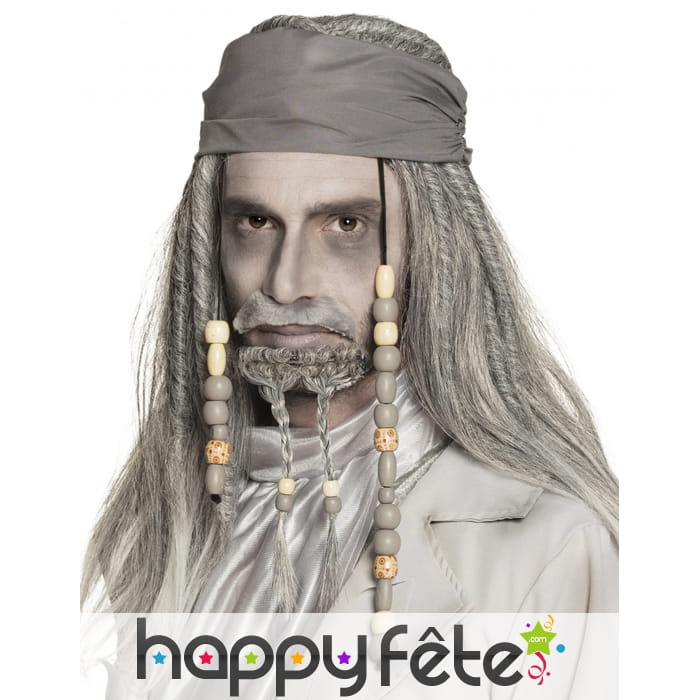 Perruque grise de pirate avec perles et bandana