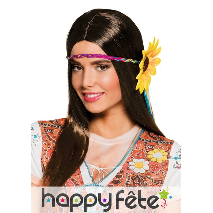 Perruque hippie longs cheveux bruns fleuris