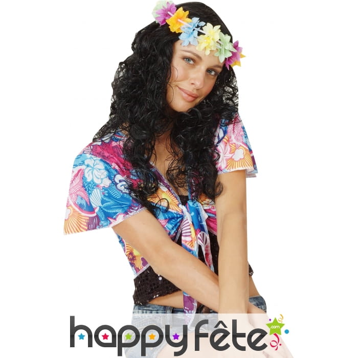 Perruque Hawaïenne noire avec couronne de fleurs