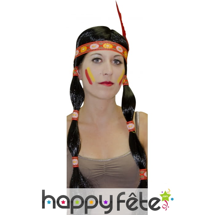 Perruque indienne avec nattes, bandeau et plume